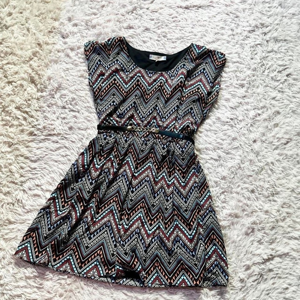 Chevron ZigZag Printed Aztec Tribal Colorful Flowy Dress‎ Womens L Hipster Boho